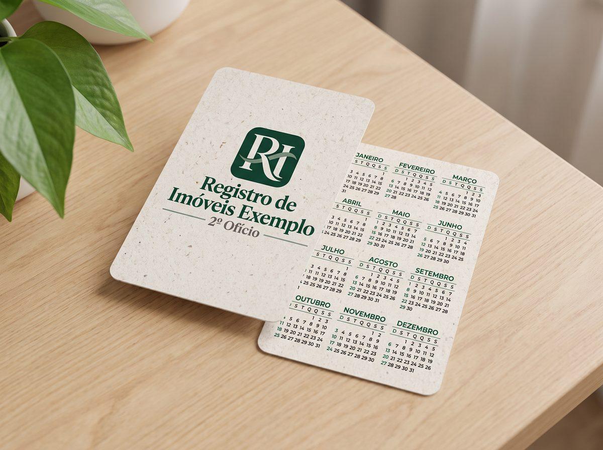 Calendários de bolso 2027 em papel reciclado com o logo de um registro de imóveis fictício e os meses no verso (imagem ilustrativa)