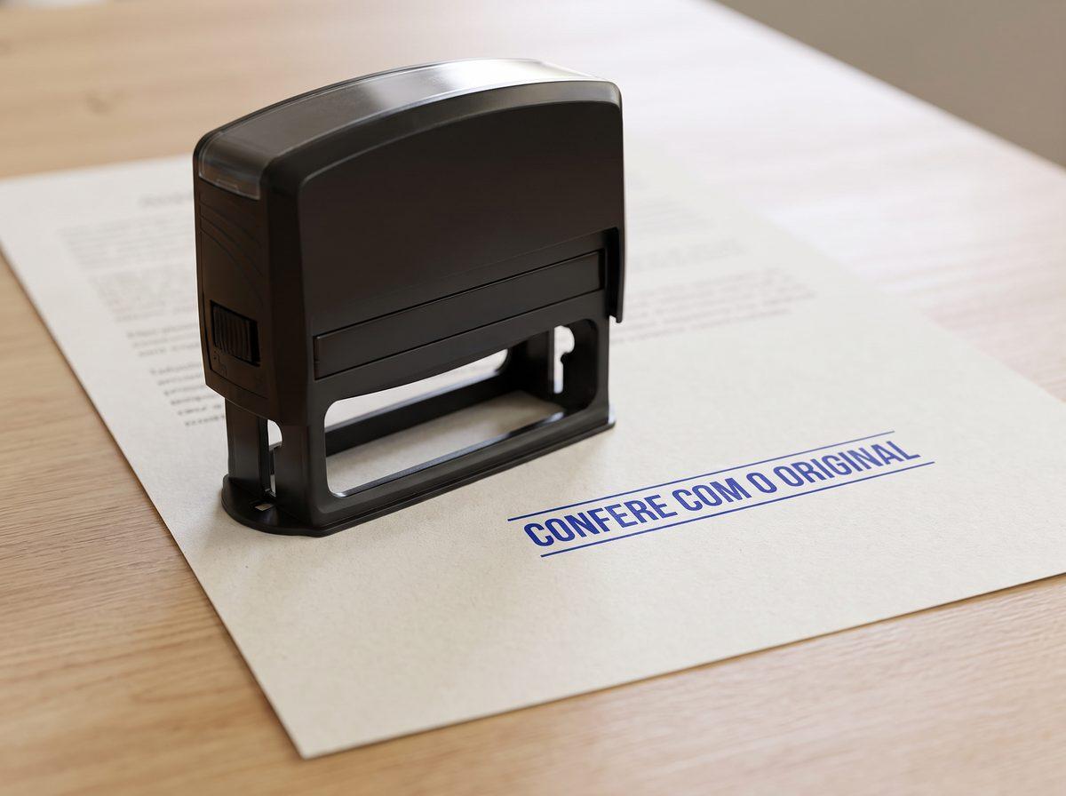 Carimbo automático comprido de uma linha e a impressão em azul "Confere com o original" (imagem ilustrativa)
