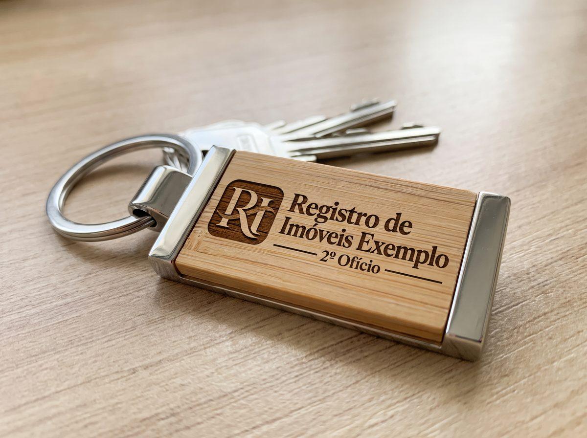 Chaveiro de bambu e metal com o logo de um registro de imóveis fictício gravado (imagem ilustrativa)