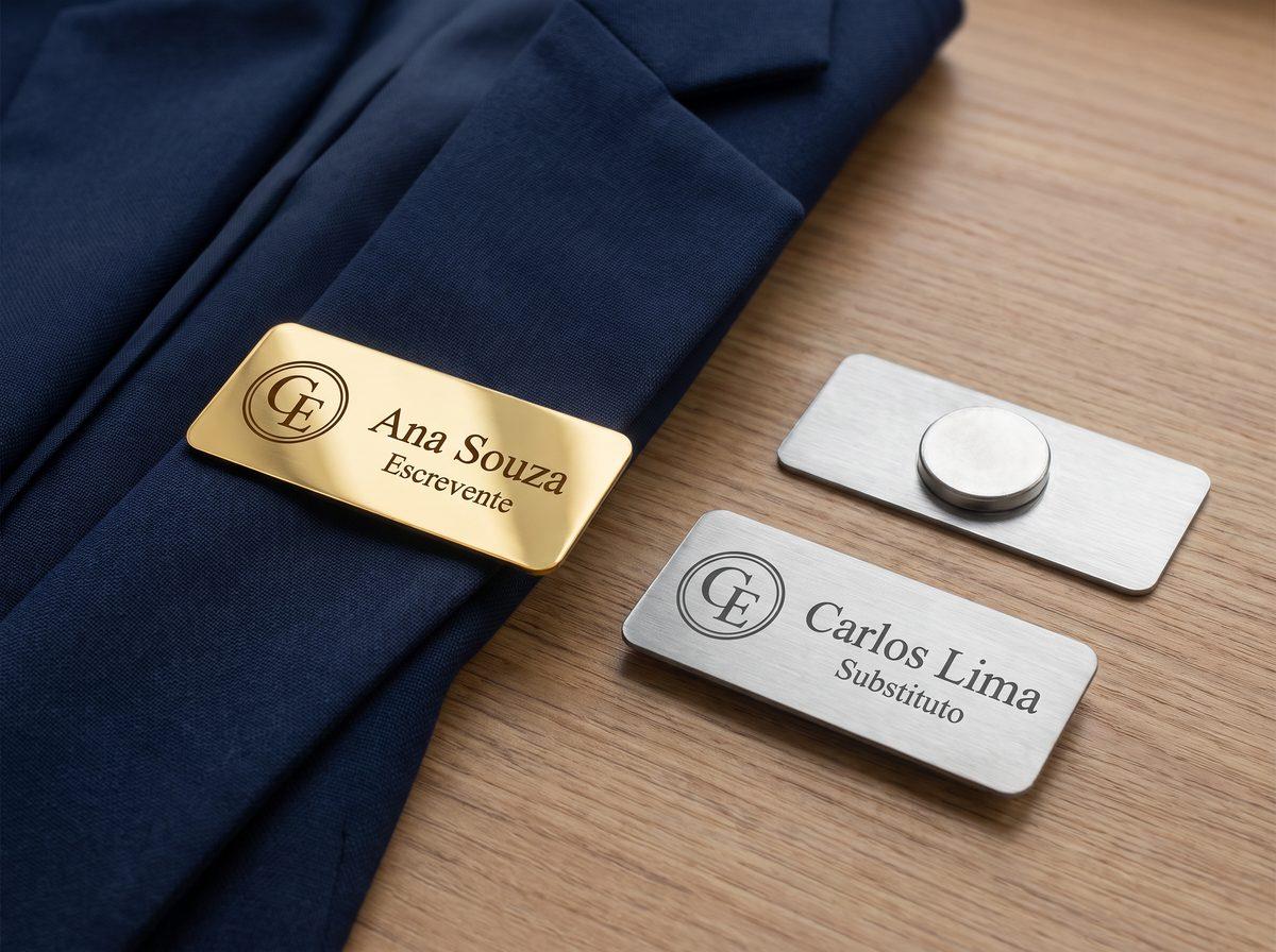 Crachás de ímã dourado e prateado com nome e cargo gravados e o logo de um cartório fictício, um deles preso num blazer azul-marinho (imagem ilustrativa)