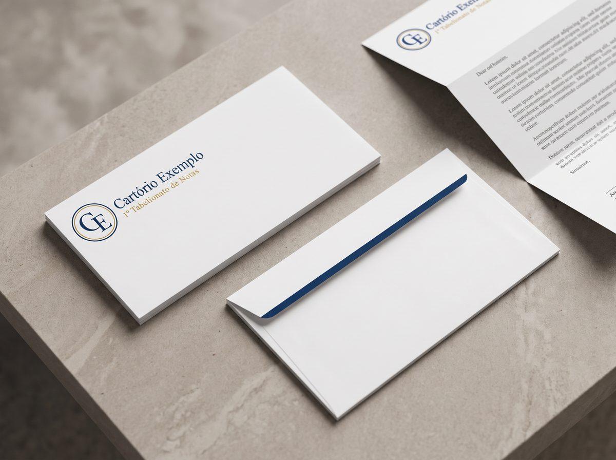 Envelopes carta brancos com o logo de um cartório fictício na frente e a aba reta com faixa azul-marinho no verso, ao lado de uma carta