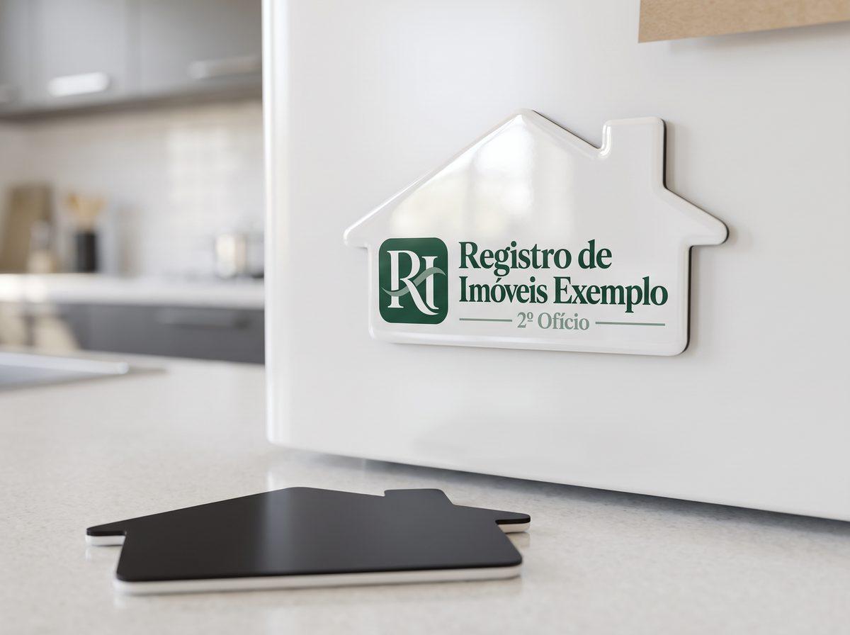 Ímã de geladeira recortado em forma de casa, com o logo de um registro de imóveis fictício (imagem ilustrativa)