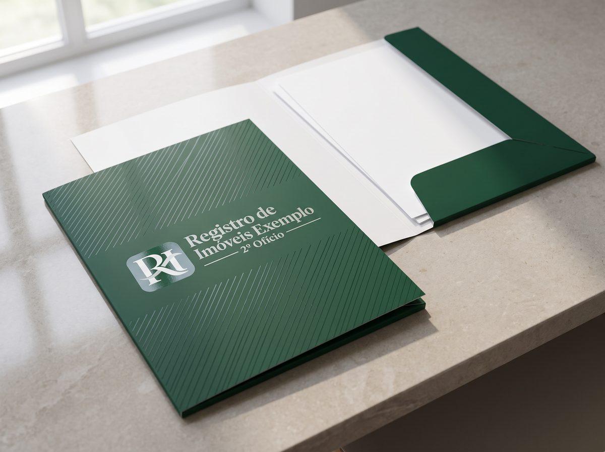 Pastas verde-escuras foscas com o logo de um registro de imóveis fictício e listras em verniz localizado brilhante, uma fechada e outra aberta com a orelha (imagem ilustrativa)