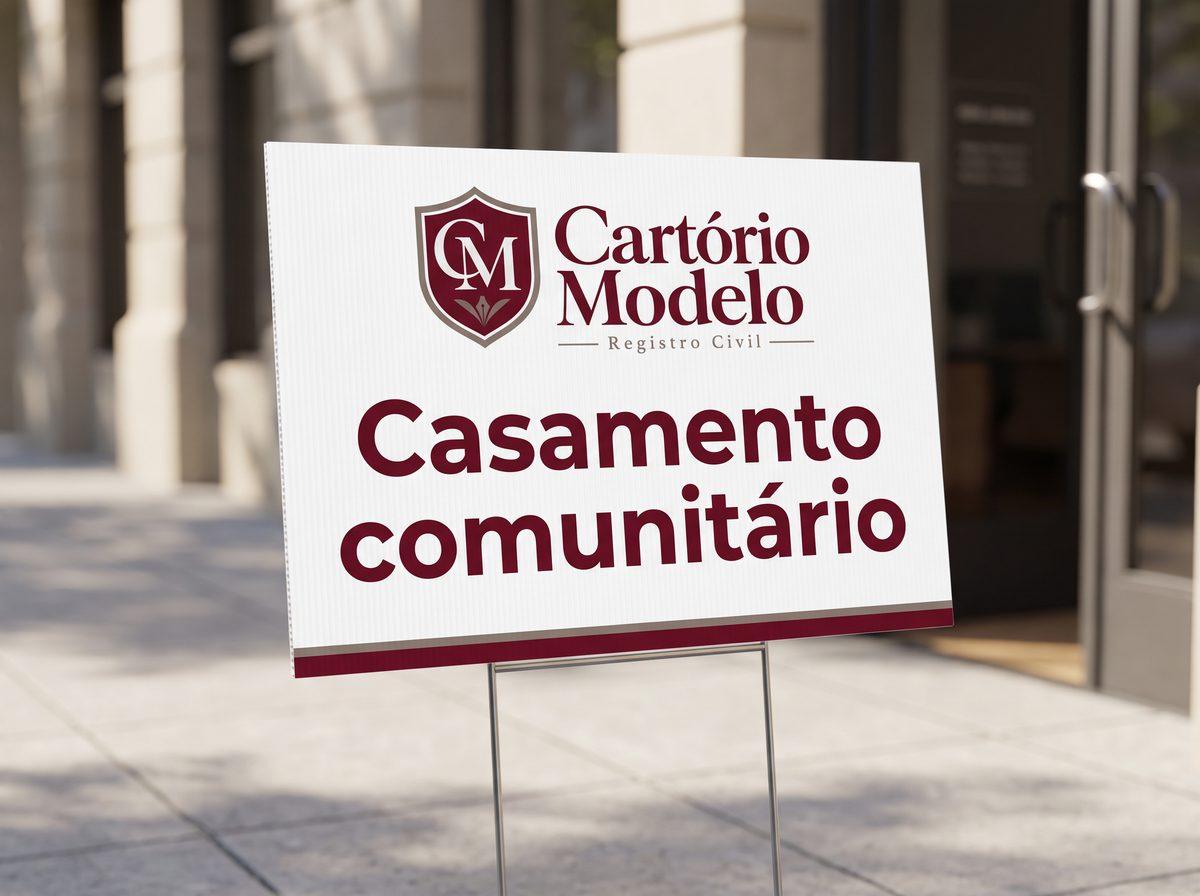 Placa de polionda com o aviso Casamento comunitário e o logo de um cartório fictício na calçada (imagem ilustrativa)