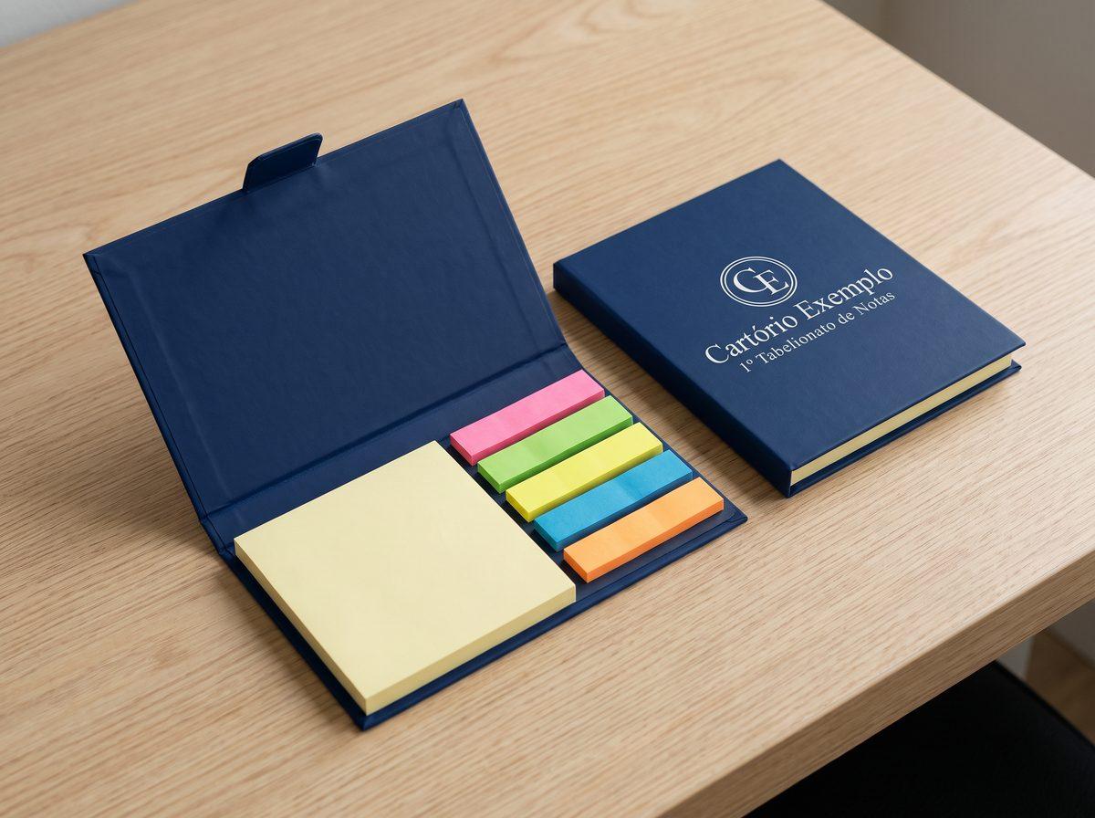 Bloco de post-it com capa azul, aberto e fechado, com o logo de um cartório fictício em branco (imagem ilustrativa)