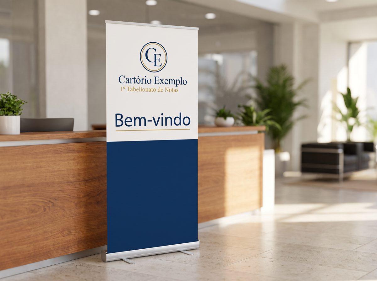 Roll-up com a palavra Bem-vindo e o logo de um cartório fictício na recepção