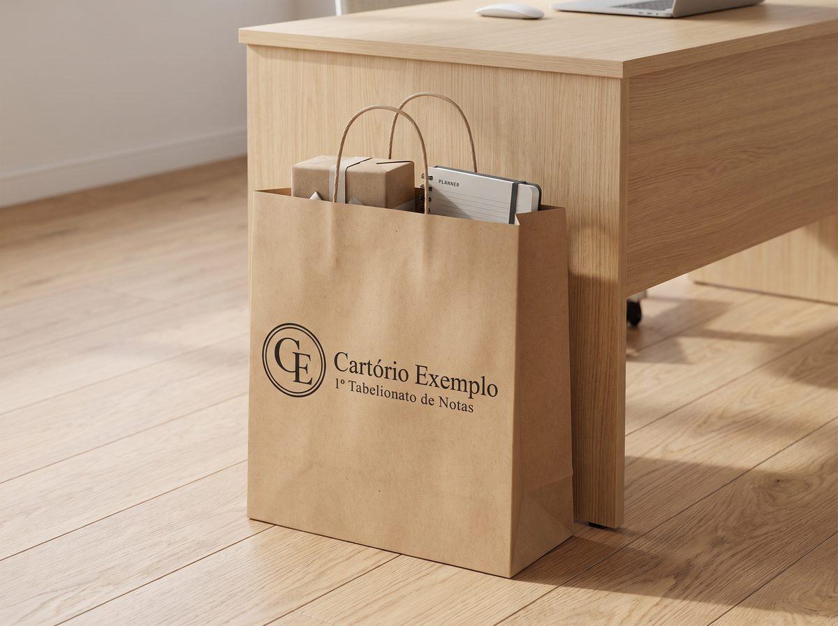 Sacola grande de papel kraft com alça, com o logo de um cartório fictício impresso em preto (imagem ilustrativa)
