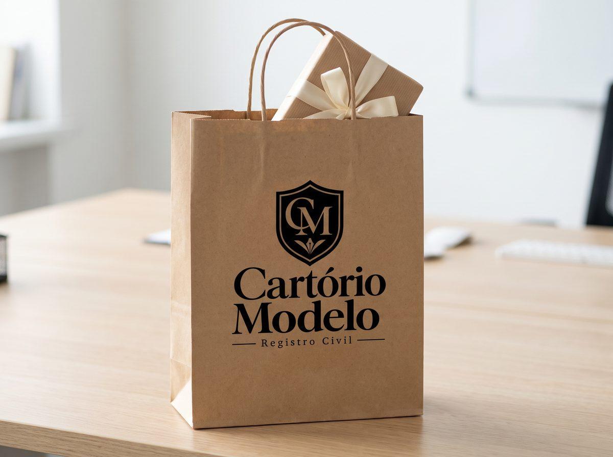 Sacola média de papel kraft com alça e um presente, com o logo de um cartório fictício impresso em preto (imagem ilustrativa)