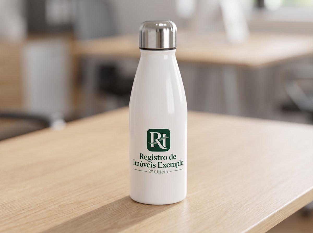 Squeeze de alumínio branco com tampa de inox e o logo de um registro de imóveis fictício (imagem ilustrativa)