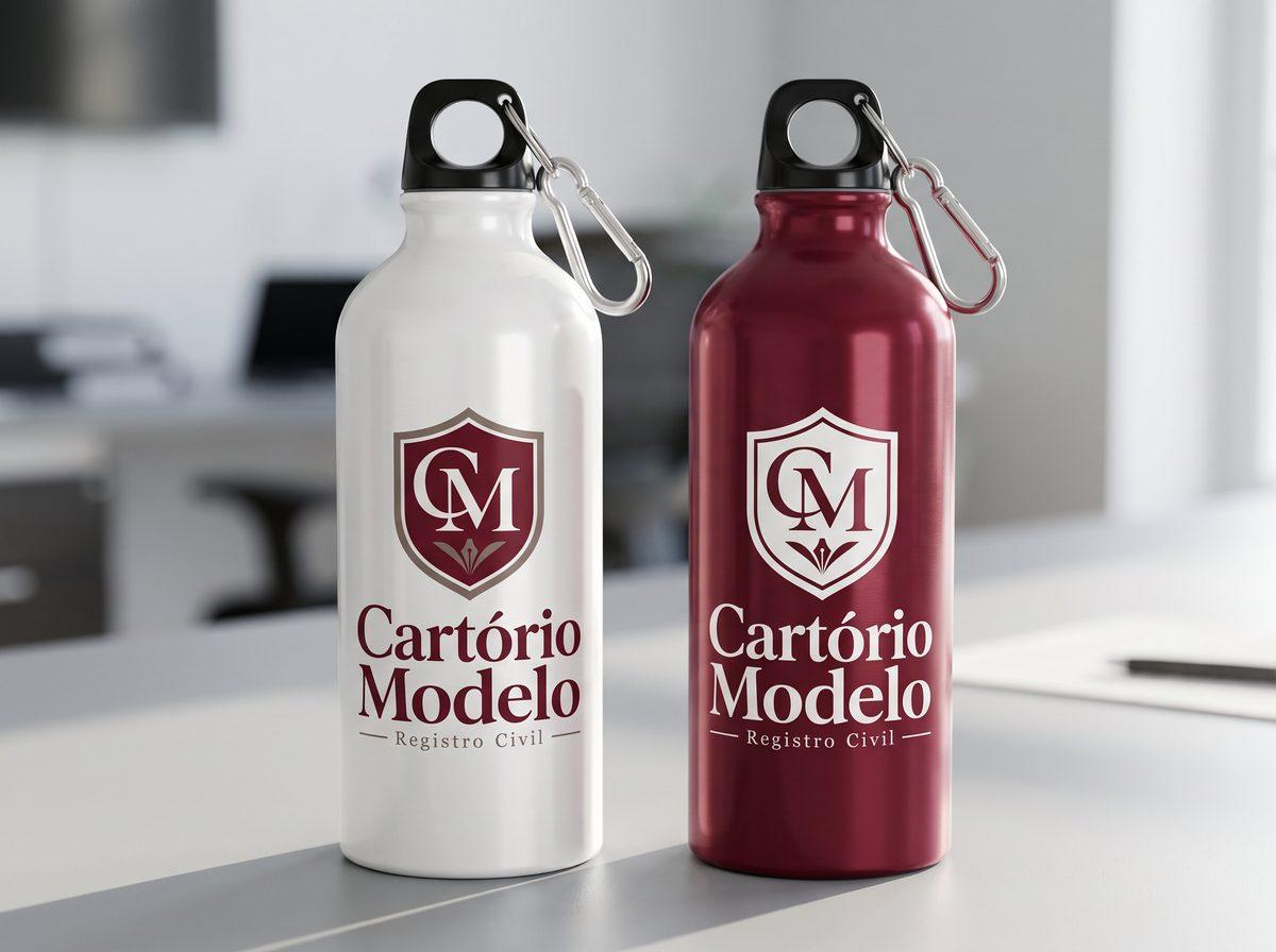 Squeezes de alumínio branco e vinho com o logo de um cartório fictício (imagem ilustrativa)