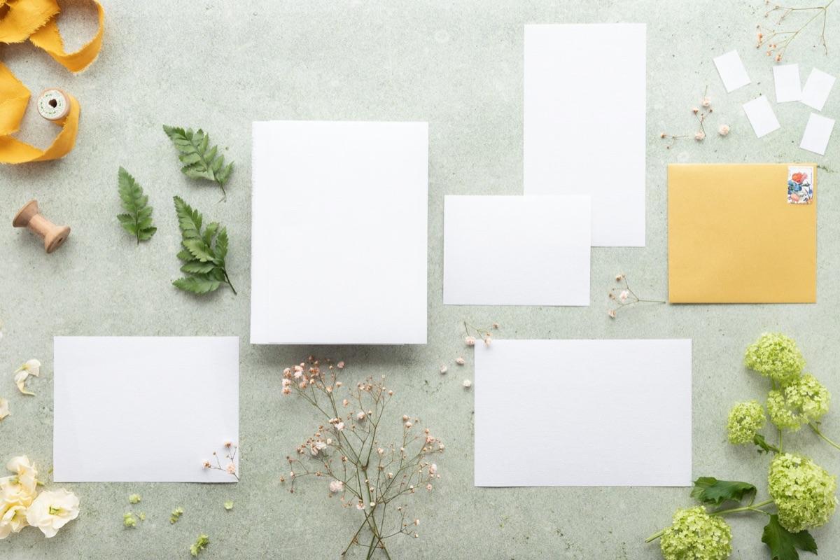 Papéis em branco e folhas verdes sobre a mesa