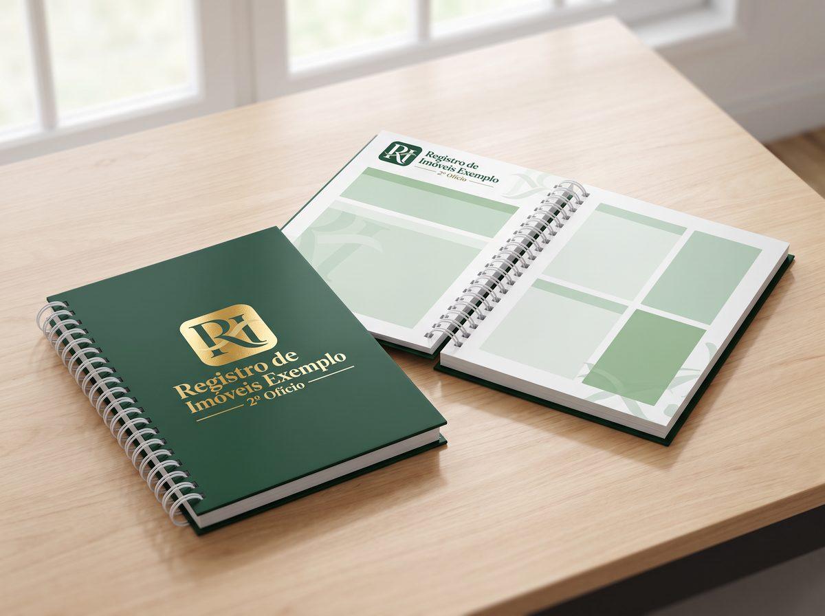 Agenda 2027 com capa verde fosca, logo dourado de um registro de imóveis fictício e páginas internas personalizadas (imagem ilustrativa)