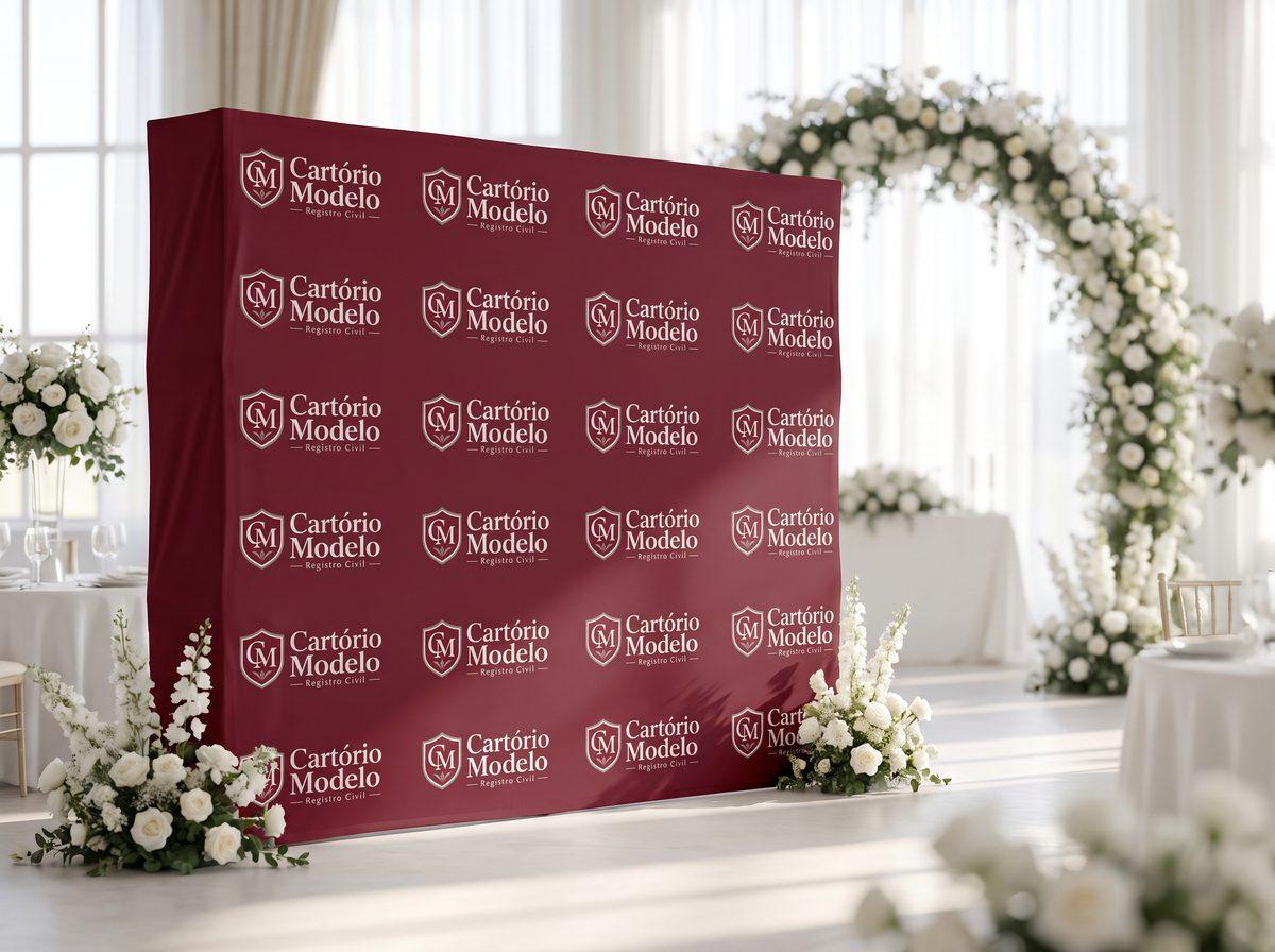 Painel de fundo para fotos vinho com o logo repetido de um cartório de registro civil fictício, num salão decorado para casamento comunitário (imagem ilustrativa)
