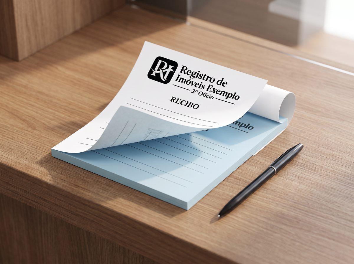 Bloco de recibo com cópia: a primeira via em preto com o logo de um registro de imóveis fictício e a cópia azul por baixo (imagem ilustrativa)
