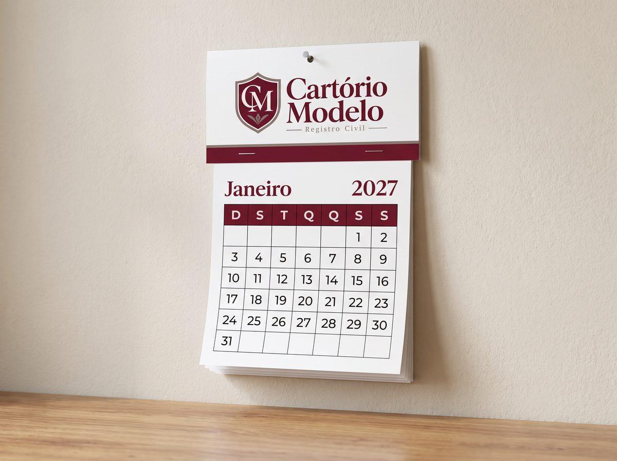 Calendário de parede com o cabeçalho de um cartório fictício e o bloco mensal aberto em janeiro de 2027 (imagem ilustrativa)