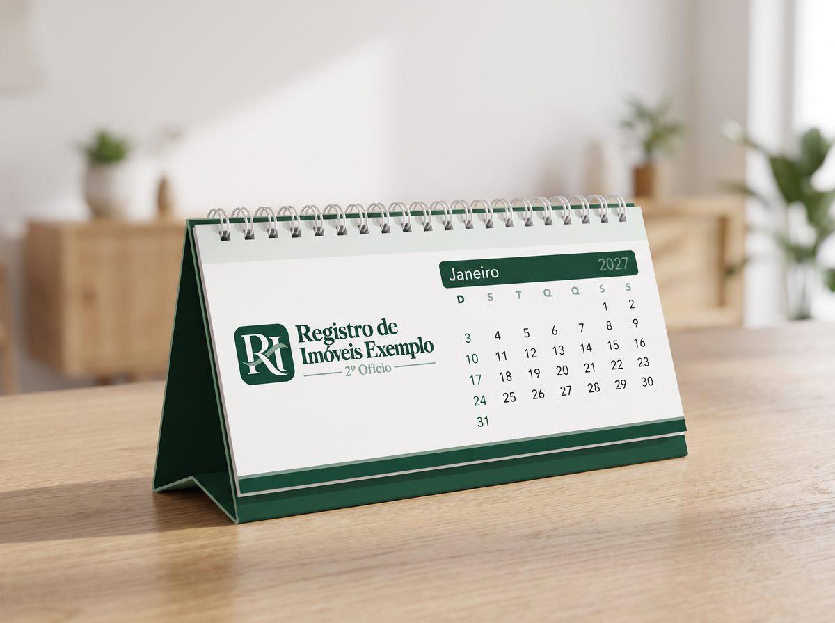 Calendário de mesa 2027 baixo e largo, com espiral e base impressa em verde, com o logo de um registro de imóveis fictício (imagem ilustrativa)
