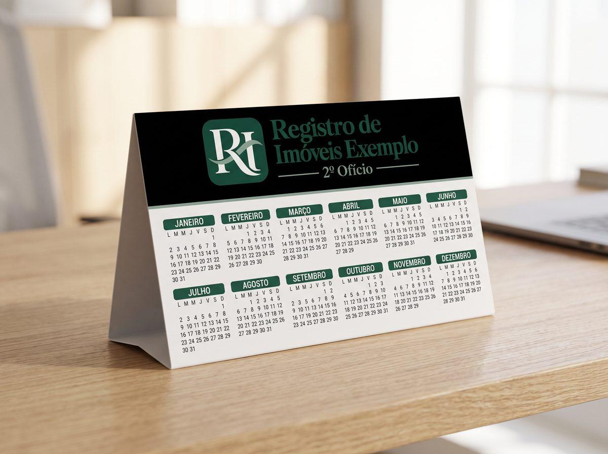 Calendário de mesa 2027 básico, de dobrar, com os doze meses e o logo de um registro de imóveis fictício (imagem ilustrativa)