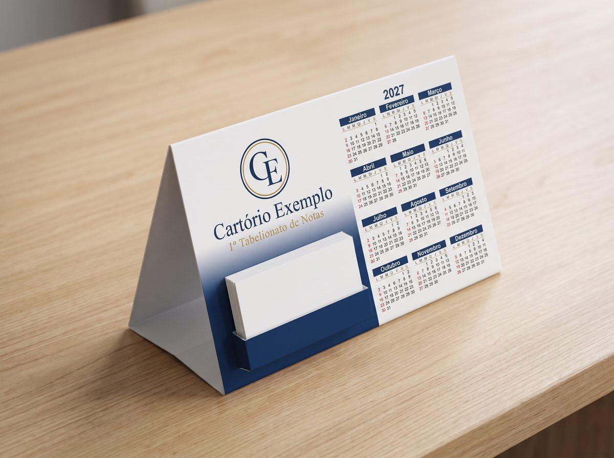 Calendário de mesa 2027 em forma de pirâmide, com bolso para cartões e o logo de um cartório fictício (imagem ilustrativa)