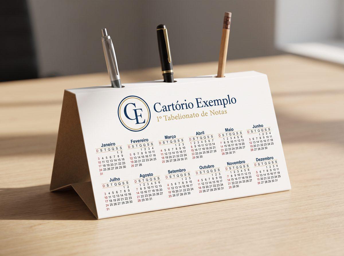 Calendário de mesa 2027 com furos para canetas em cima e os doze meses na frente, com o logo de um cartório fictício (imagem ilustrativa)