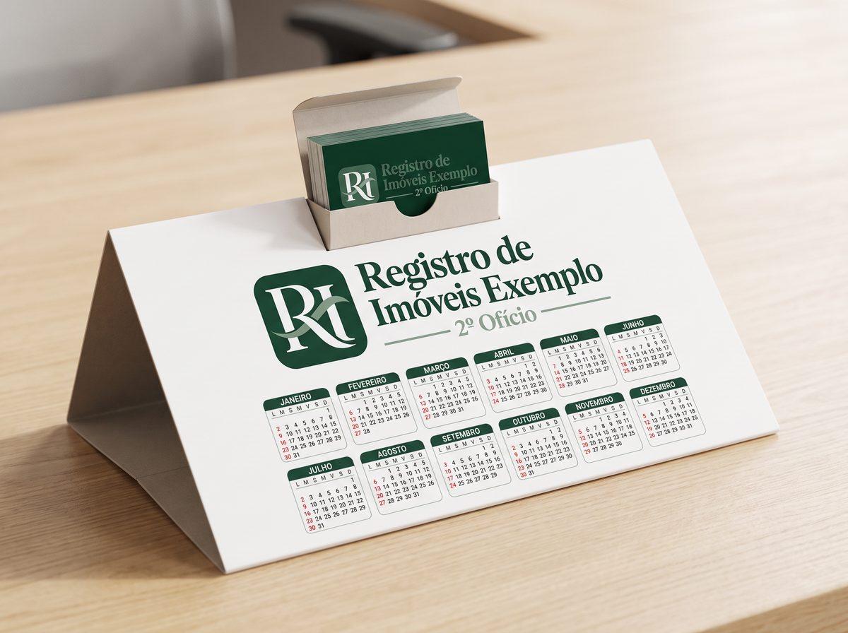 Calendário de mesa 2027 com porta-cartões em cima e os doze meses na frente, com o logo de um registro de imóveis fictício (imagem ilustrativa)