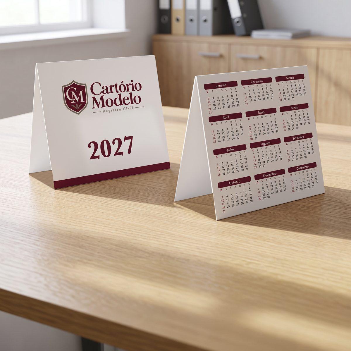 Dois calendários de mesa 2027 em PVC branco dobrado: um com o logo de um cartório fictício e o ano, outro com os doze meses (imagem ilustrativa)
