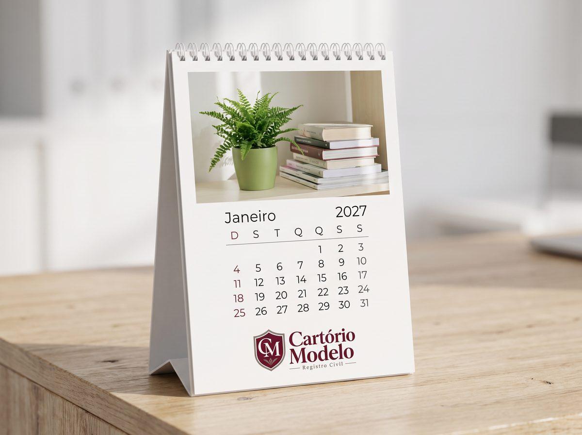 Calendário de mesa 2027 vertical com espiral, aberto em janeiro, com o logo de um cartório fictício (imagem ilustrativa)
