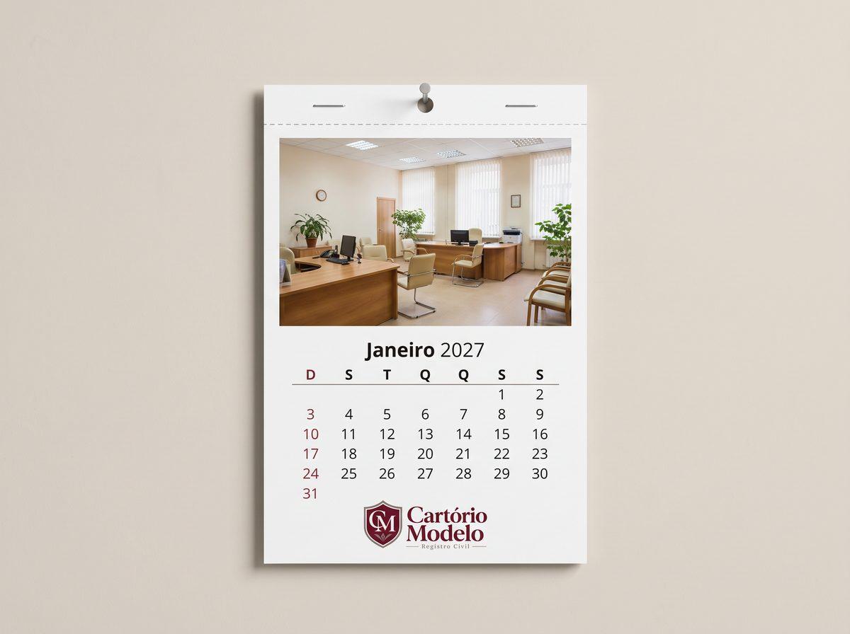Calendário de parede 2027 grampeado, aberto em janeiro, com o logo de um cartório fictício (imagem ilustrativa)