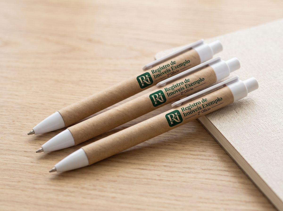 Canetas de papelão com detalhes brancos e o logo de um registro de imóveis fictício (imagem ilustrativa)