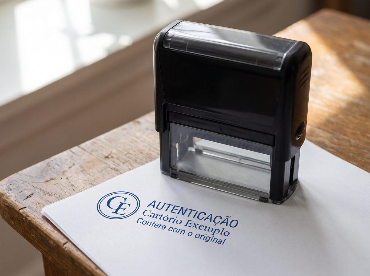 Carimbo automático grande ao lado da impressão em tinta azul com Autenticação, Cartório Exemplo e Confere com o original, de um cartório fictício (imagem ilustrativa)