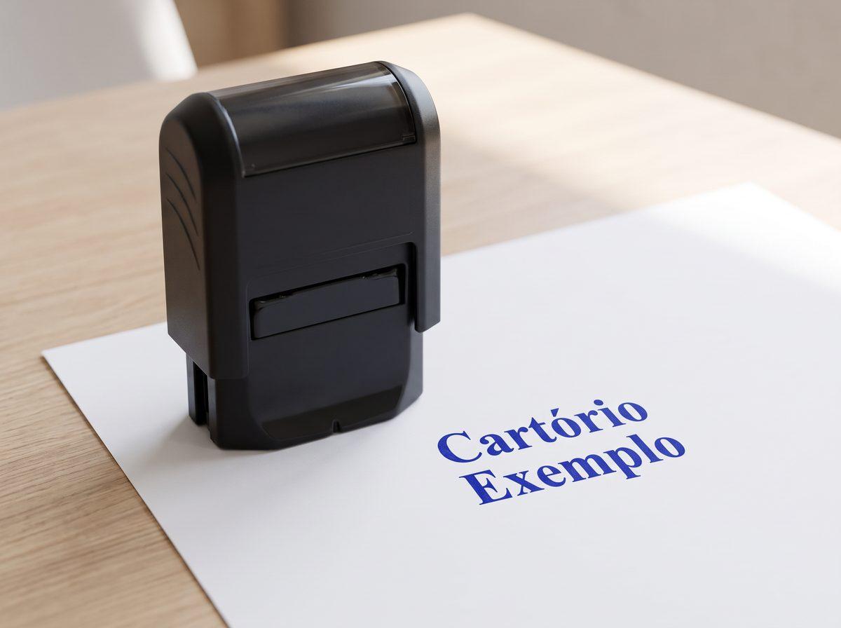 Carimbo automático mini preto e a impressão em azul com o nome de um cartório fictício (imagem ilustrativa)