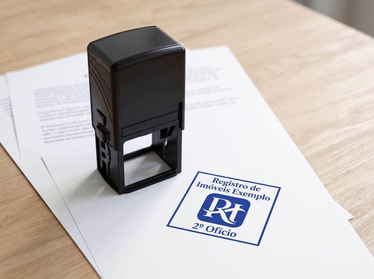 Carimbo automático quadrado e a impressão quadrada em azul com o logo de um registro de imóveis fictício (imagem ilustrativa)
