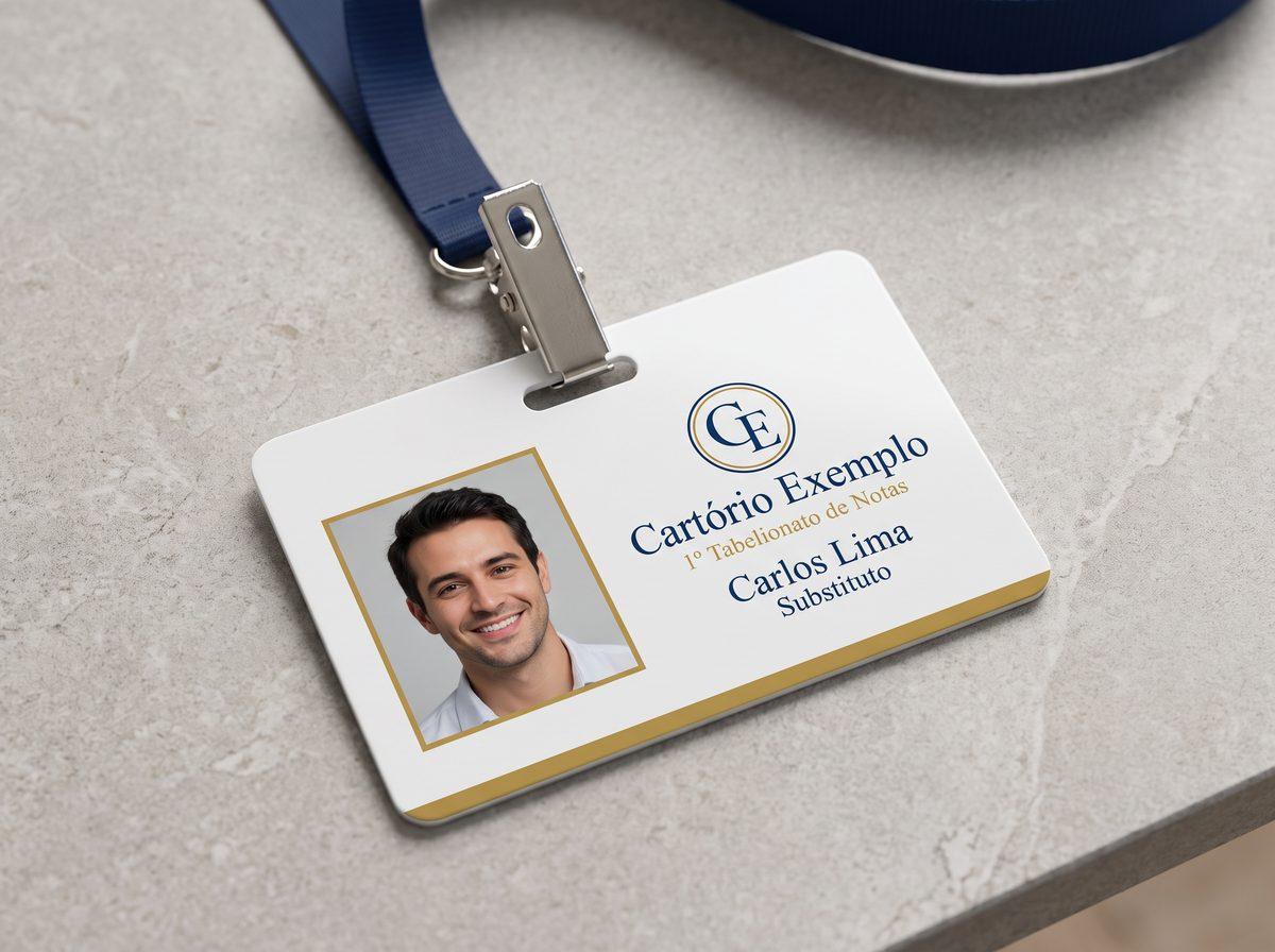Crachá horizontal em PVC com foto, nome e cargo de um funcionário de um cartório fictício, preso ao cordão pelo fecho jacaré (imagem ilustrativa)