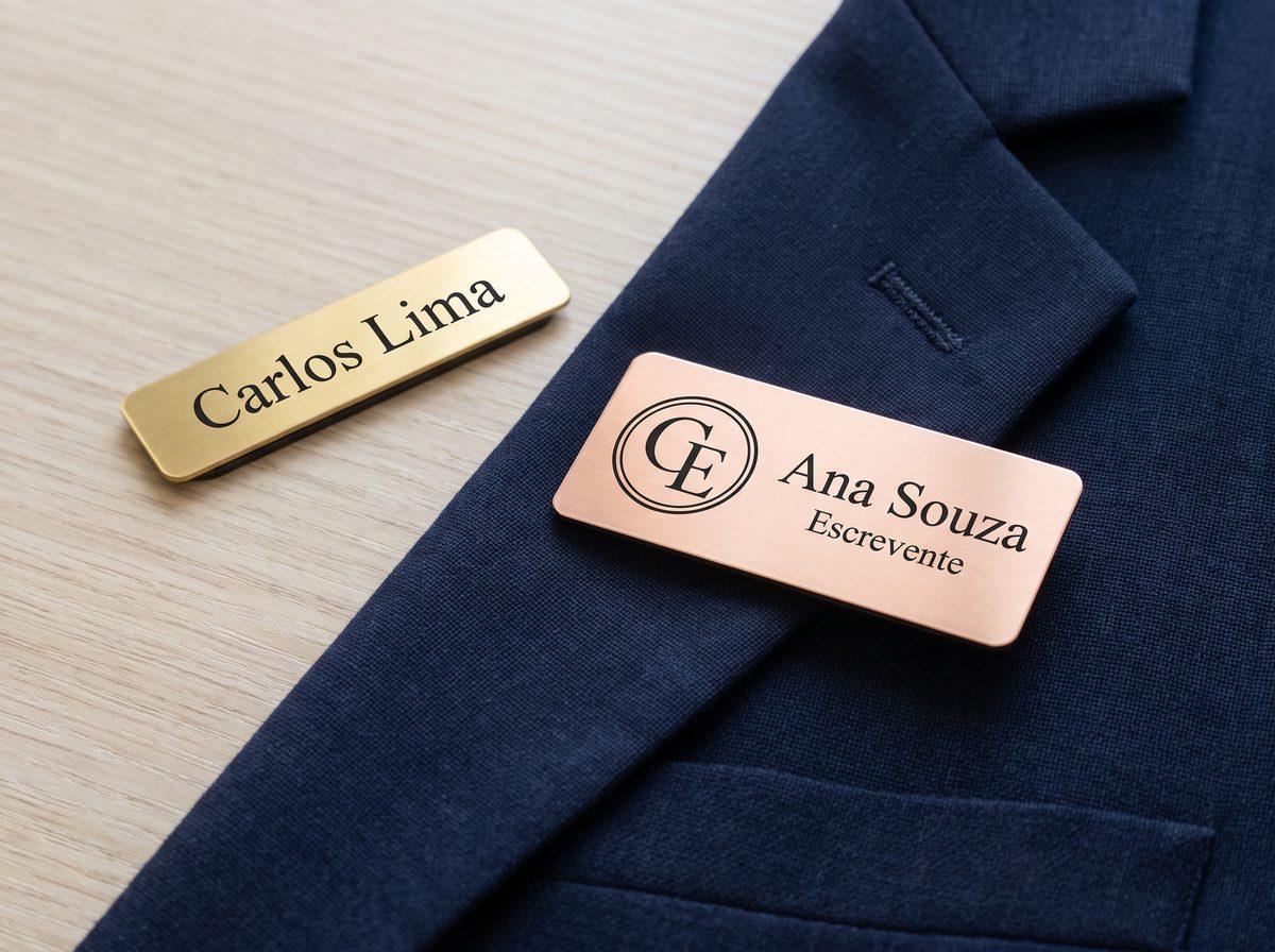 Crachá de ímã rosé com nome e cargo e um crachá fino dourado só com o nome, ao lado de um blazer azul-marinho (imagem ilustrativa)