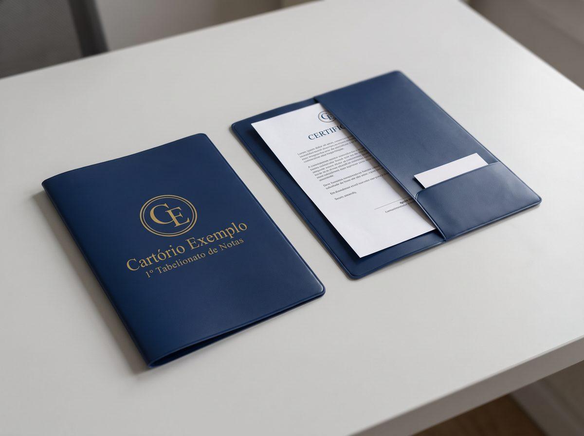 Porta-documentos de PVC azul-marinho com o logo dourado de um cartório fictício, um aberto com uma certidão dentro (imagem ilustrativa)