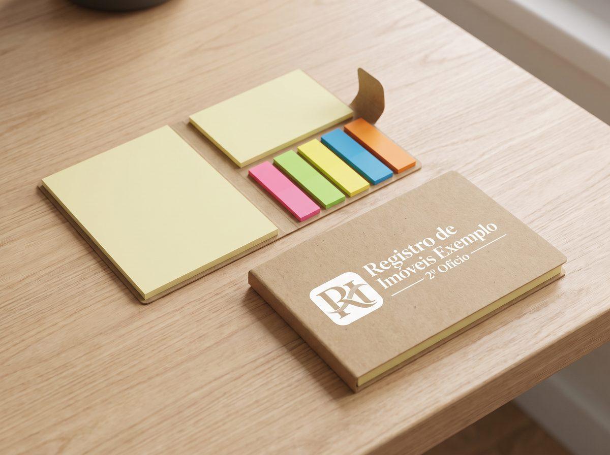 Bloco de post-it com capa kraft, aberto e fechado, com o logo de um registro de imóveis fictício em branco (imagem ilustrativa)