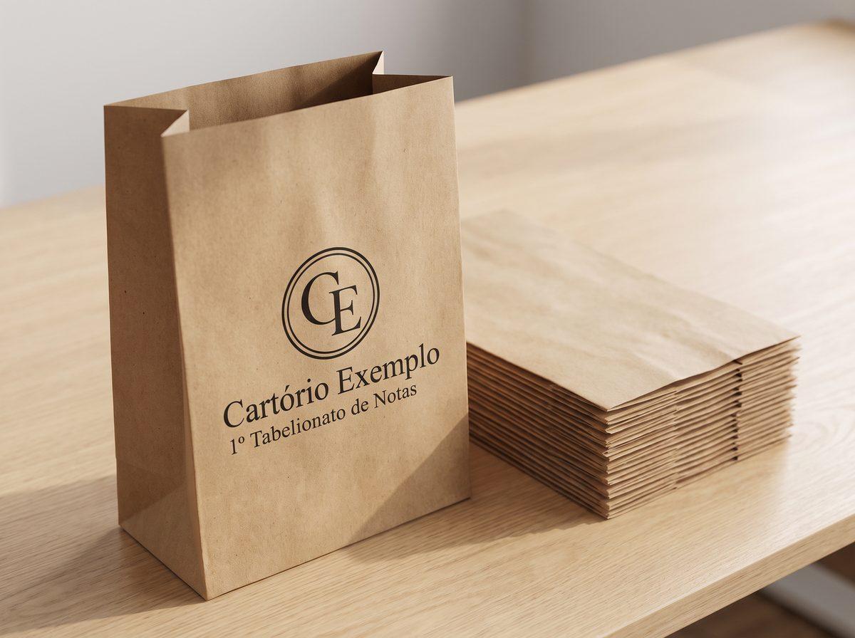 Saco de papel kraft sem alça, com o logo de um cartório fictício impresso em preto (imagem ilustrativa)