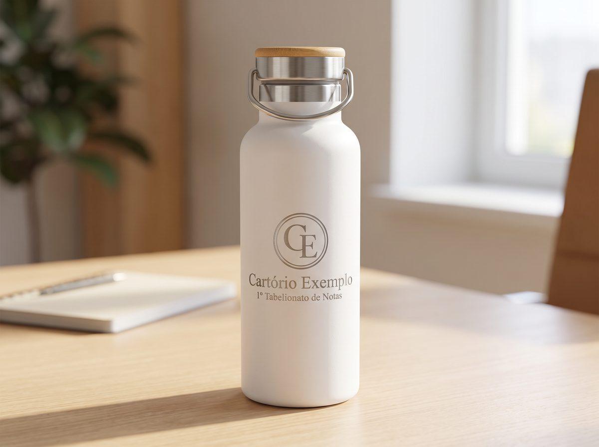 Squeeze térmico branco de inox com tampa de bambu e o logo gravado a laser de um cartório fictício (imagem ilustrativa)