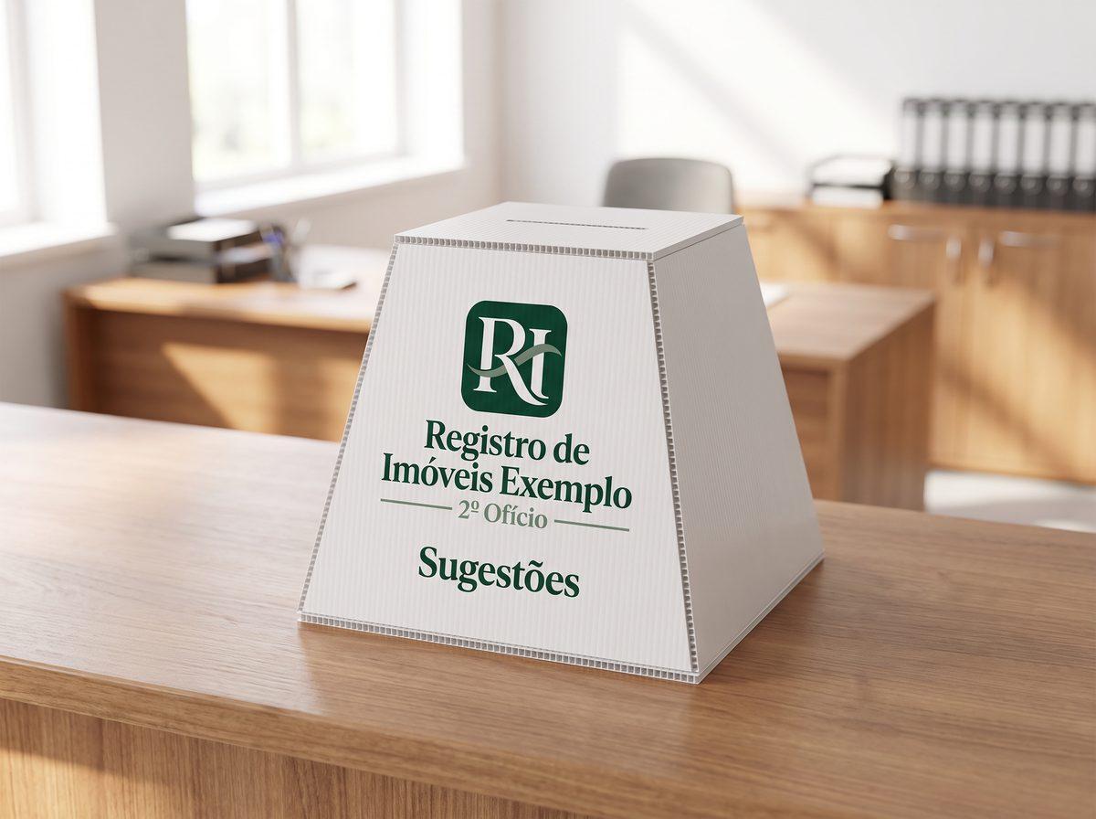 Urna de sugestões de polionda com o logo de um registro de imóveis fictício, sobre o balcão (imagem ilustrativa)